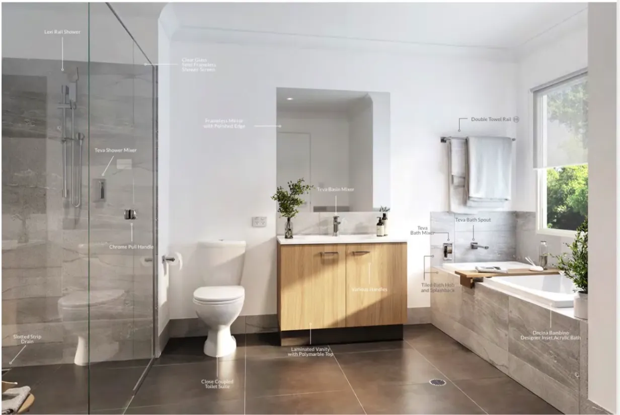 Diagram labelling bathroom inclusions in the Doolandella display home