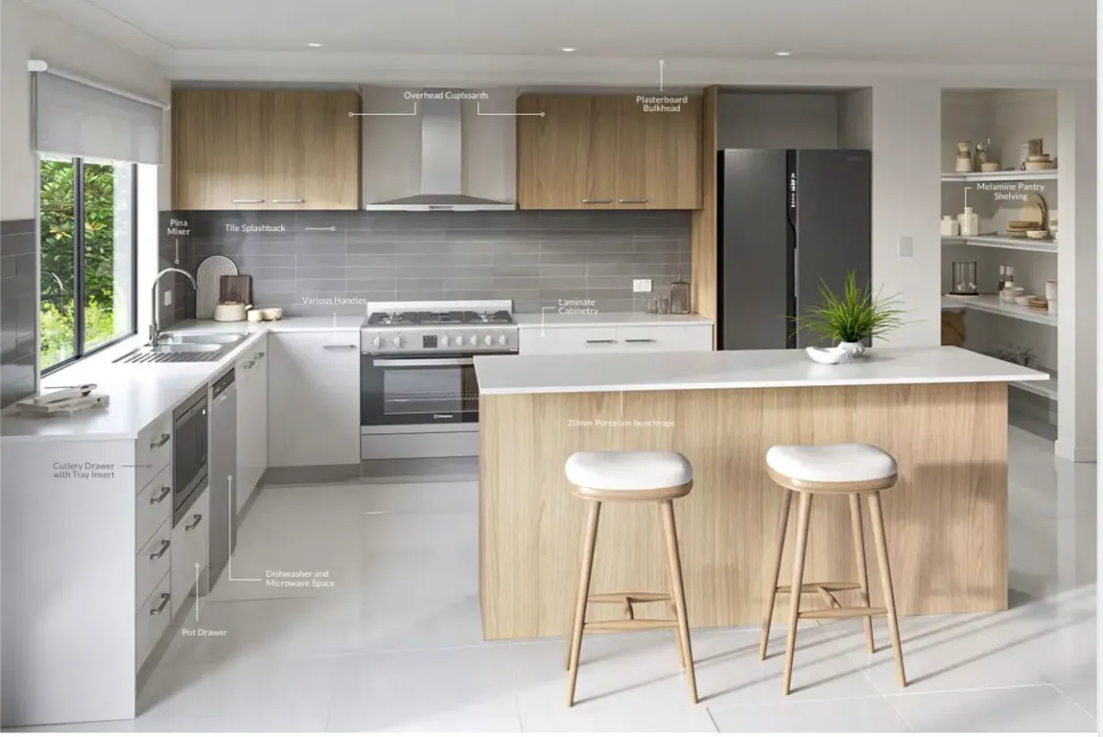 Diagram labelling kitchen inclusions in the Doolandella display home