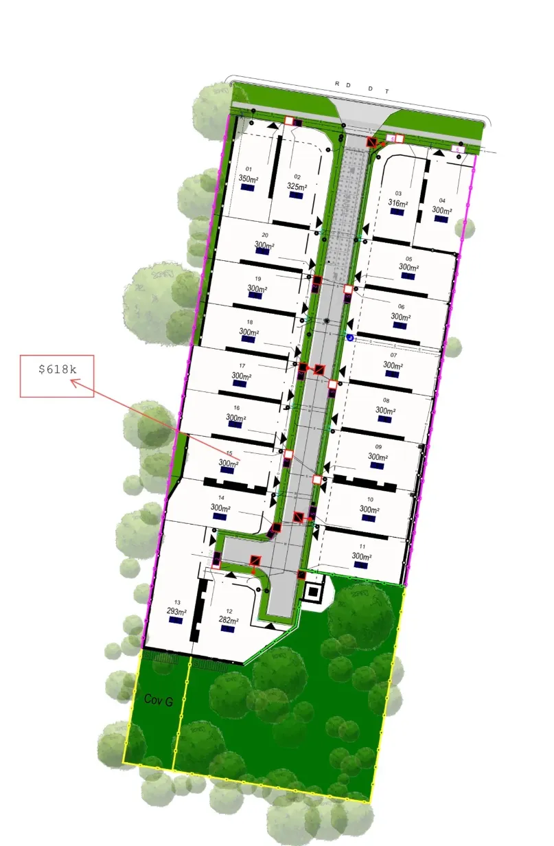 Site plan showing 20 house and land lots in the Doolandella estate from 282 to 350 square metres