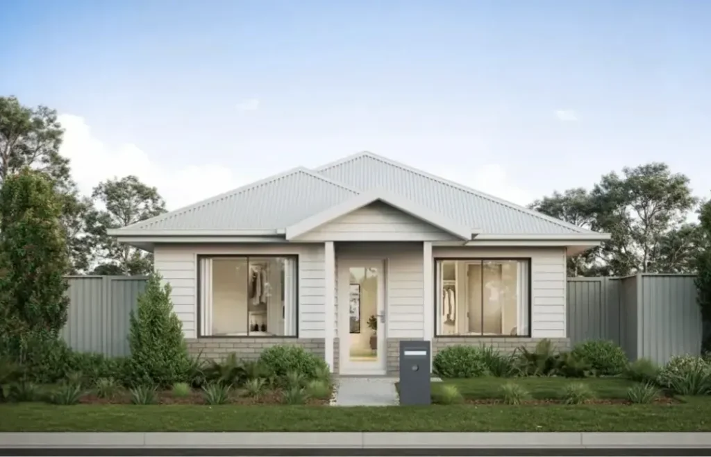 Single storey dual occupancy home facade in Greenbank with weatherboard cladding and landscaped garden