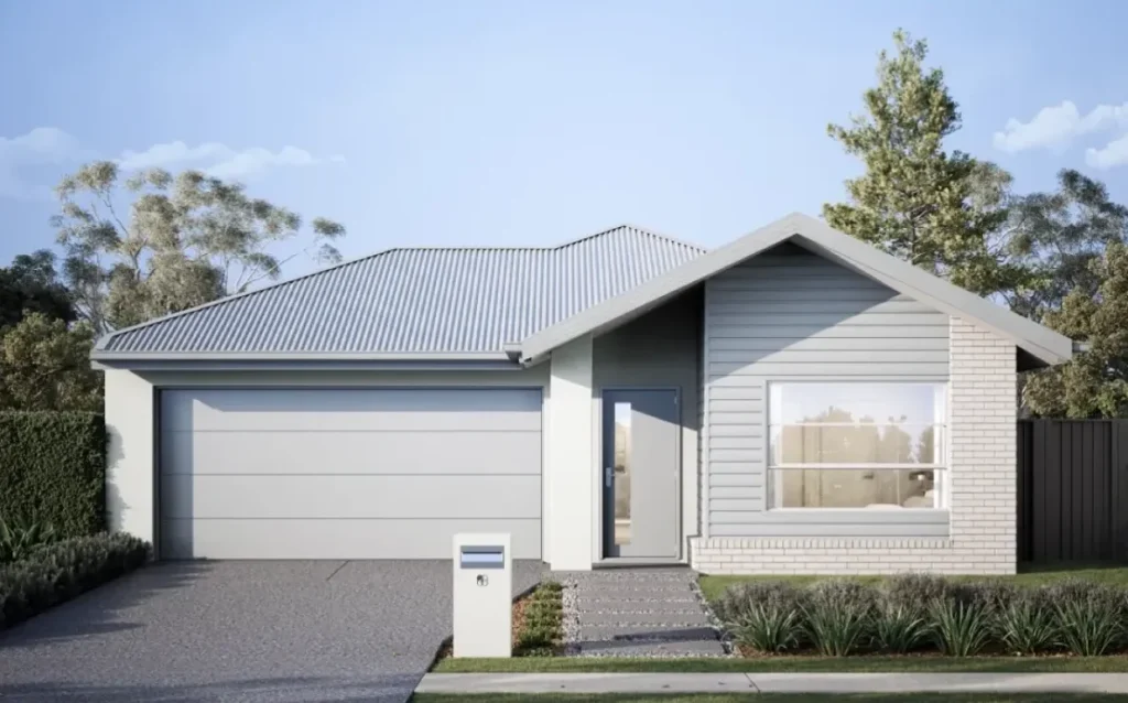 Single-storey four-bedroom home facade with brick feature and grey roof