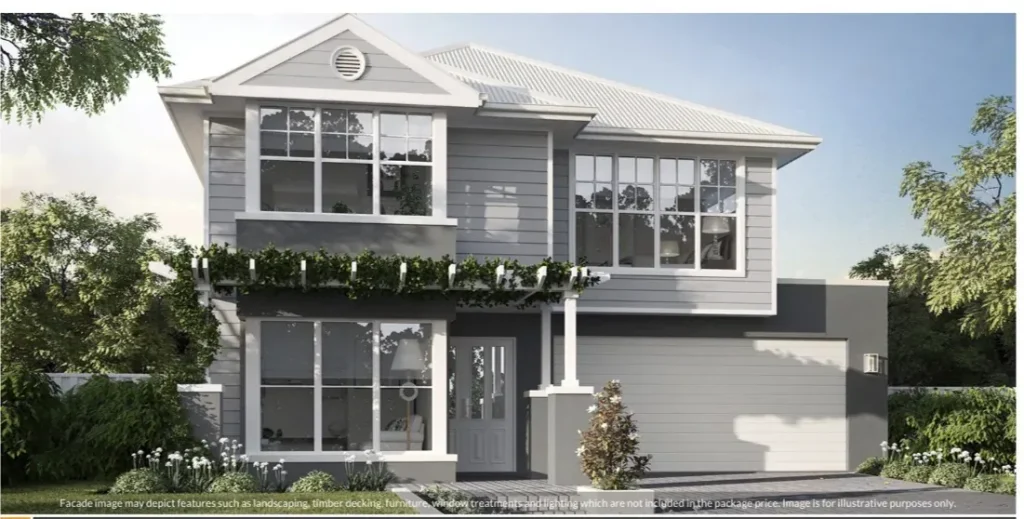 Two-storey home with grey weatherboard cladding, white trim, pergola and balcony above the entry