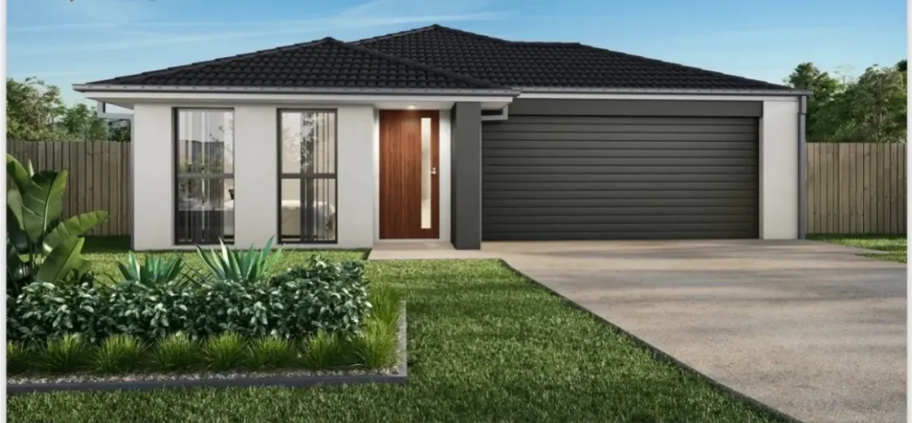 Modern rendered house facade with a dark garage door and landscaped front garden in Flagstone, Logan