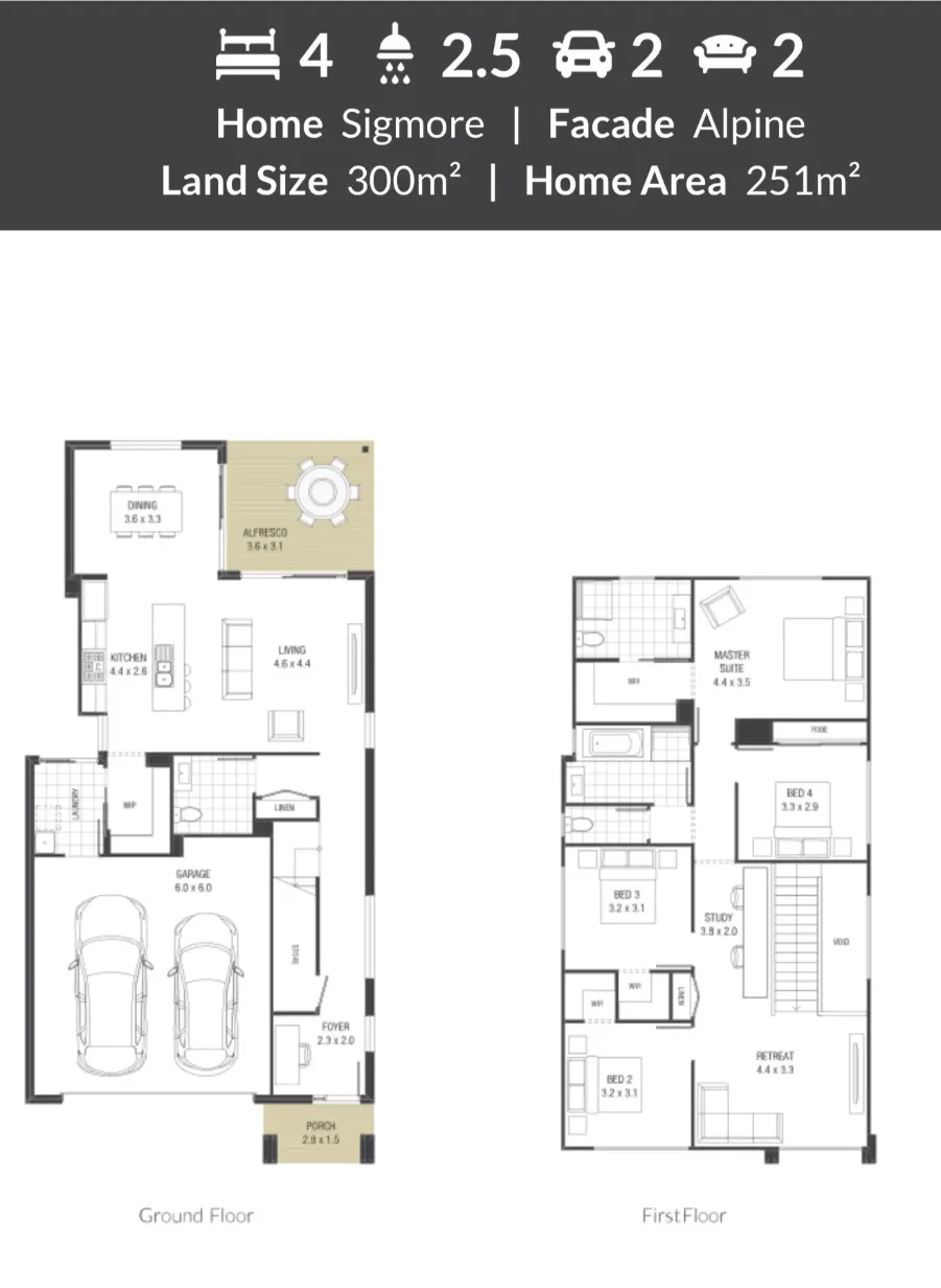 Floor plan for the four-bedroom two-storey Sigmore home showing ground and first floor layouts