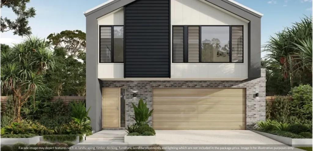House facade named Alpine with dark cladding and a brick base in Doolandella, Brisbane