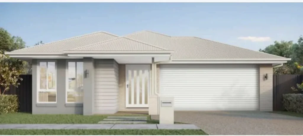 Single-storey home in Yarrabilba with grey rendered facade, timber-look entry door and double garage